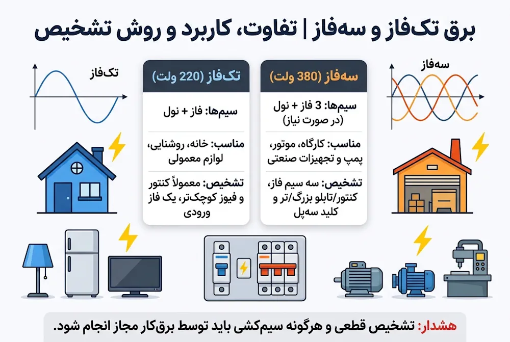 برق تک‌فاز و سه‌فاز چیست؟ تفاوت‌ها، کاربردها و روش تشخیص