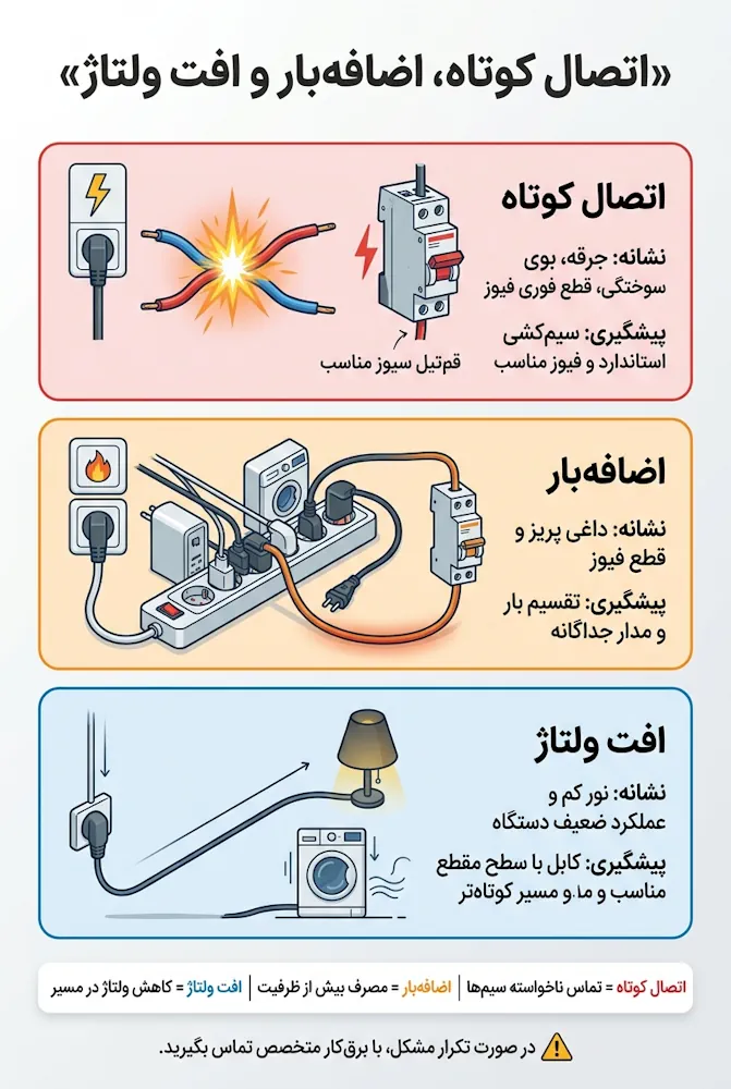 اتصال کوتاه، اضافه‌بار و افت ولتاژ؛ تفاوت‌ها، نشانه‌ها و راه‌های پیشگیری